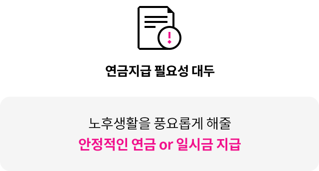 연금지급 필요성 대두. 노후생활을 풍요롭게 해줄 안정적인 연금 or 일시급 지급.