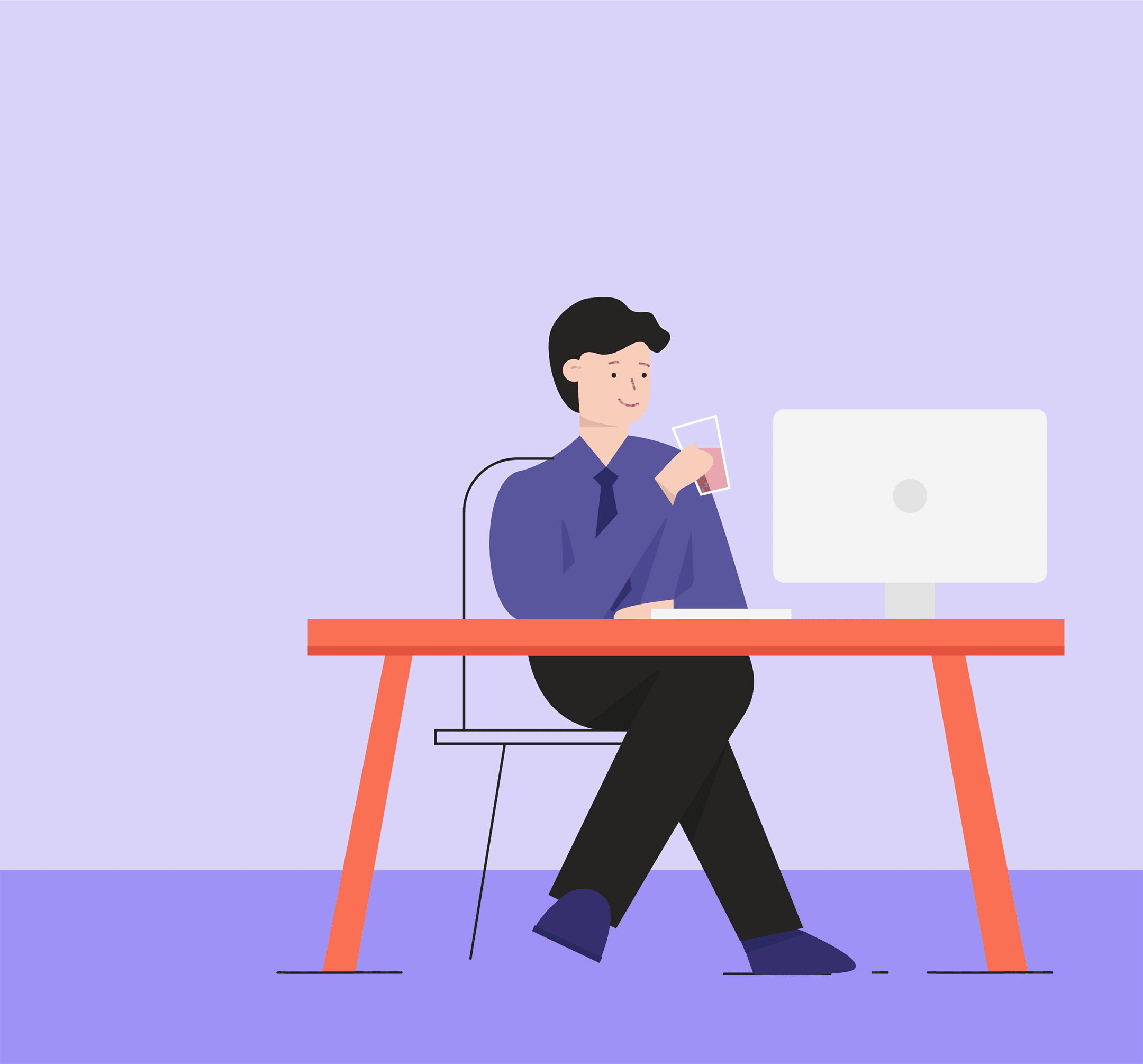 책상에서 커피를 마시면 컴퓨터를하는 사람 일러스트 이미지