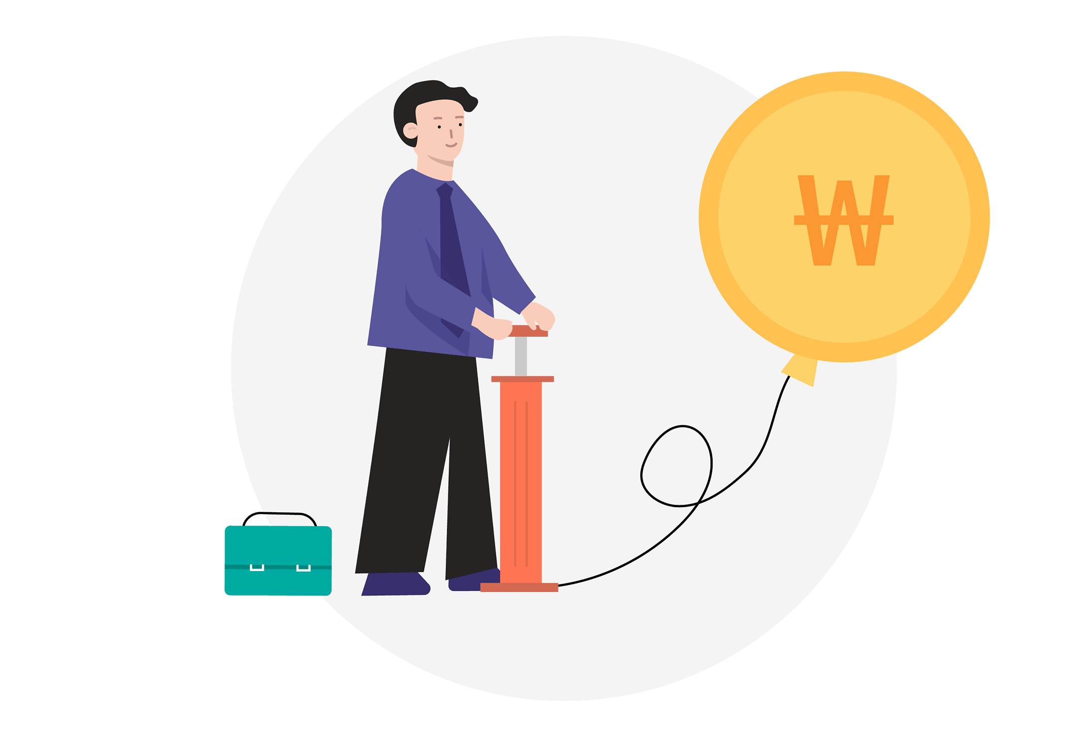 코인모양 풍선에 바람 넣는 사람 일러스트 이미지