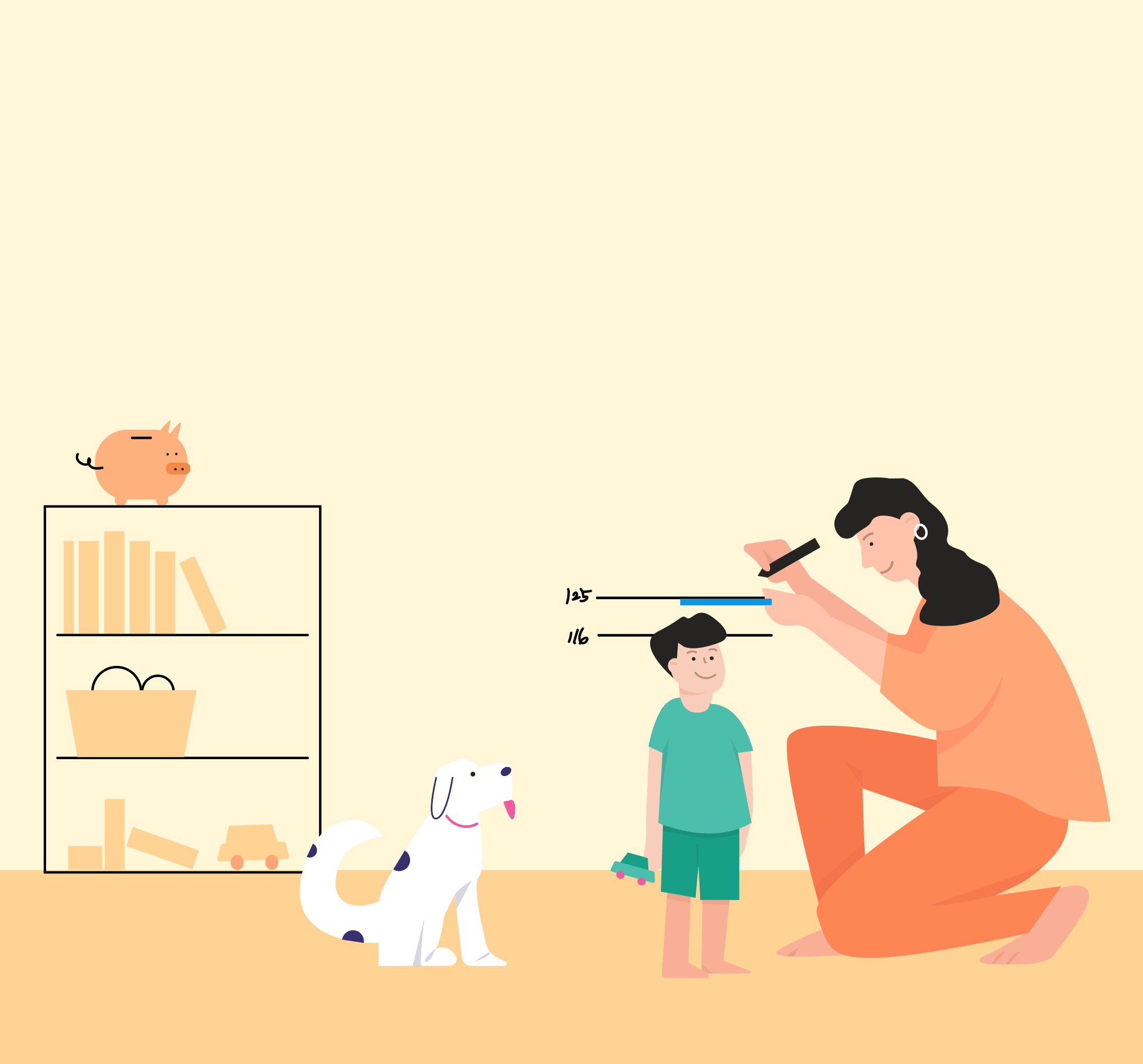 아이의 키를 재는 엄마 일러스트 이미지