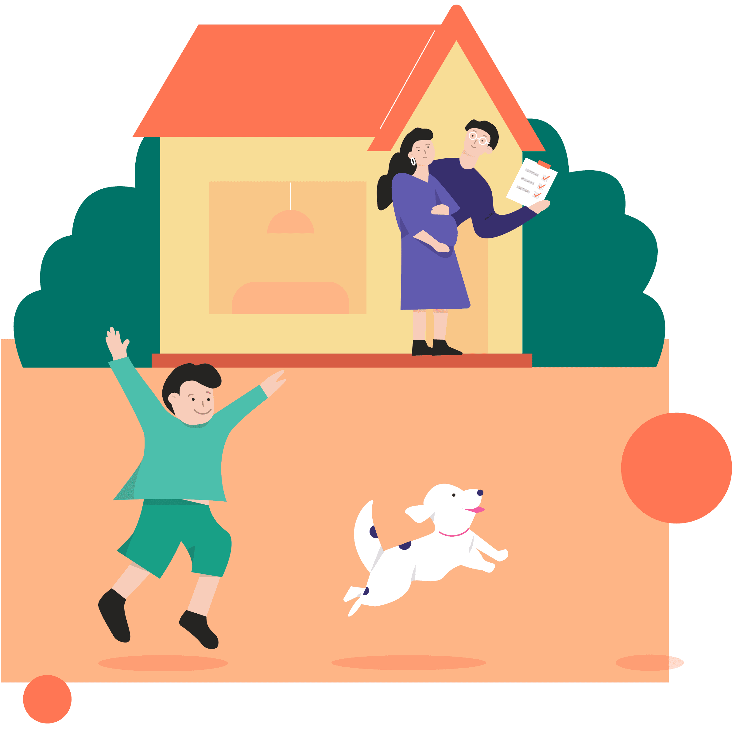 뛰어노는 아이,강아지와 집에서 나오는 가족 일러스트 이미지