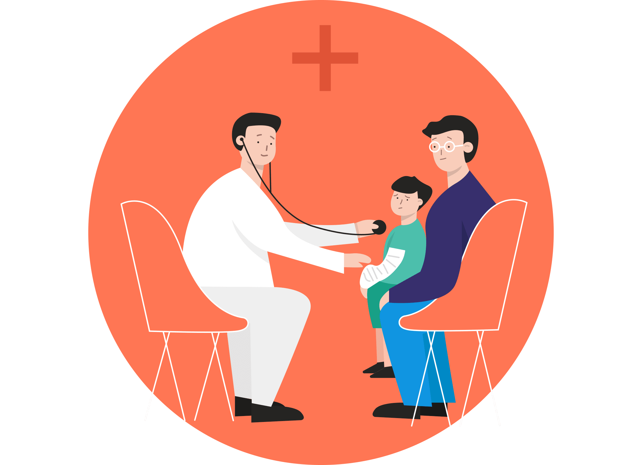 병원에서 진단 받는 아이와 아버지 일러스트 이미지