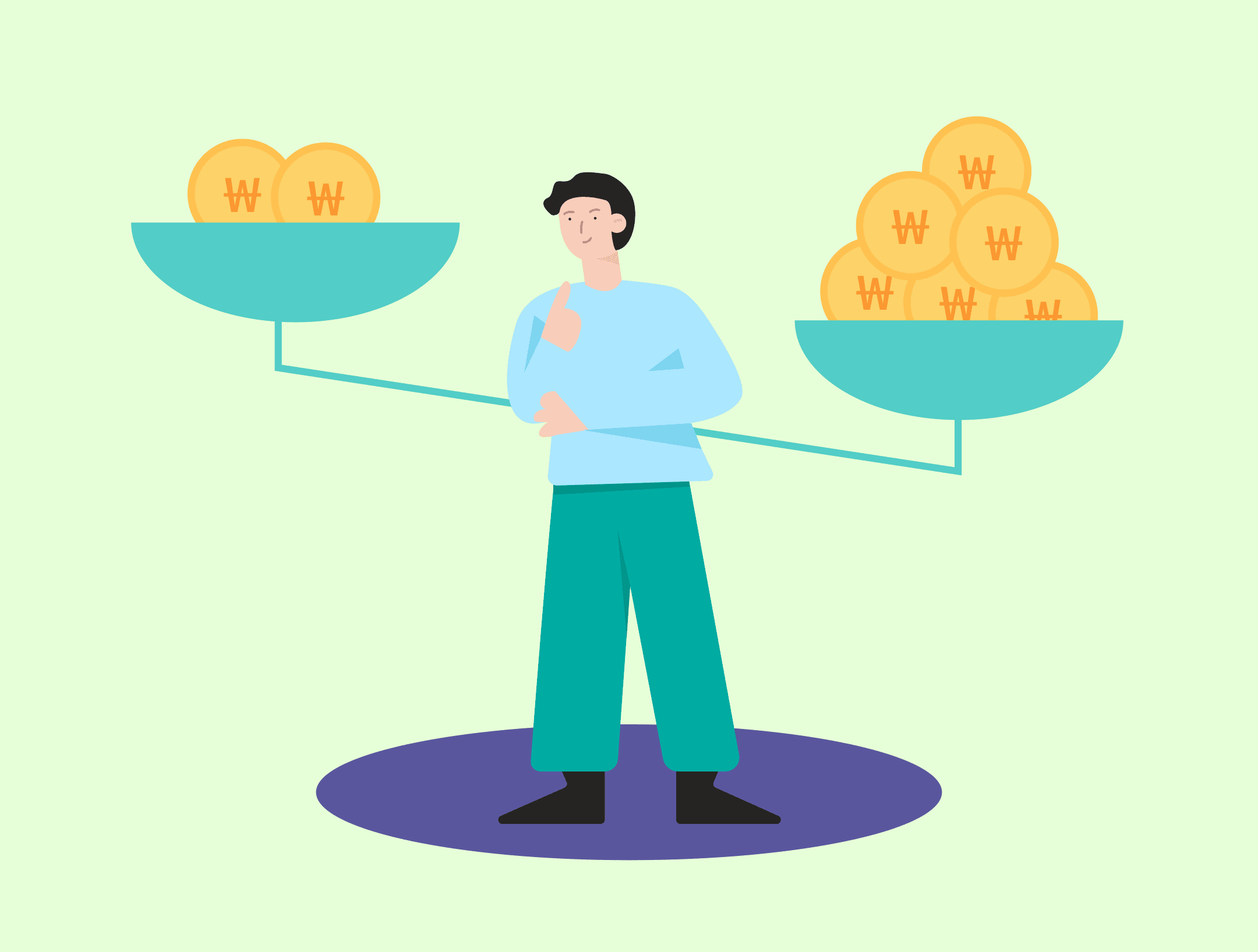 코인이 담긴 저울과 사람 일러스트 이미지