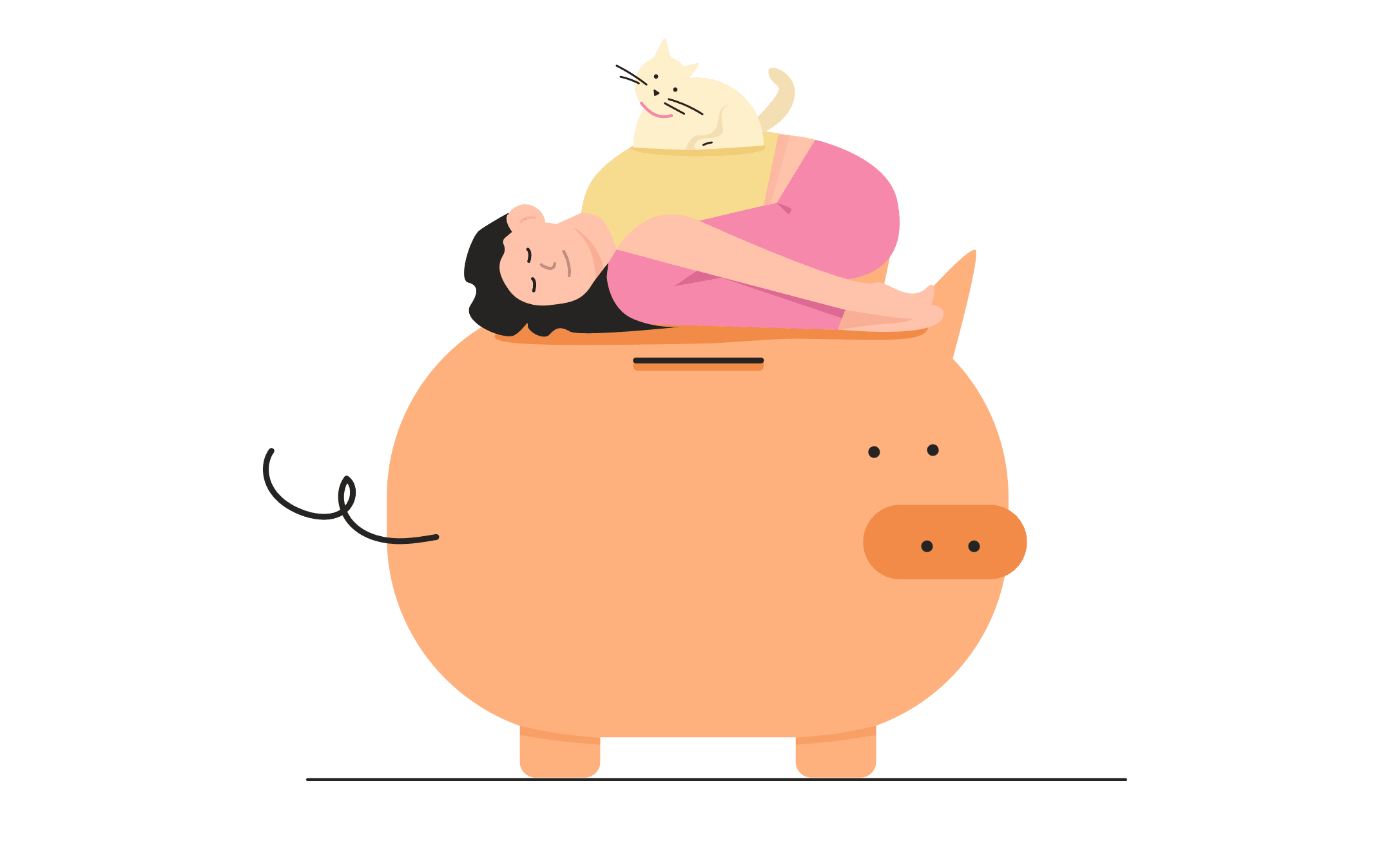 돼지 저금통 위 누워있는 사람 일러스트 이미지